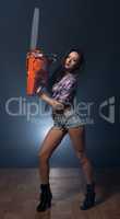 Image of sexy model promotes modern chainsaw