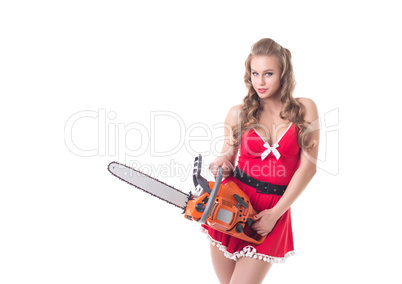 Sexy Santa Claus posing with chainsaw