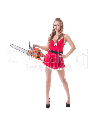 Cute Santa girl holding Christmas gift - chainsaw