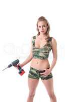 Beautiful slim girl posing with drill