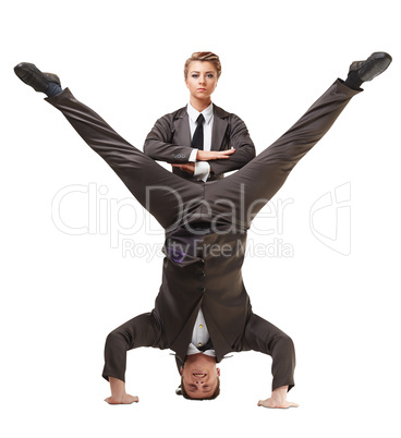 Two handsome acrobats posing in official suits