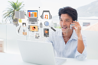 Composite image of smiling man using his laptop and talking on p