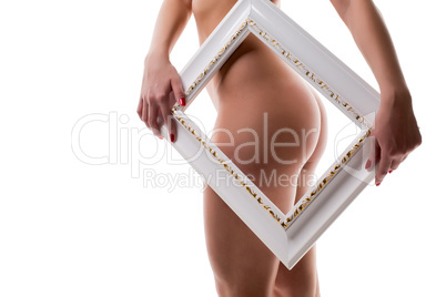 Woman's naked booty framed, isolated on white