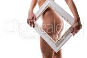 Woman's naked booty framed, isolated on white