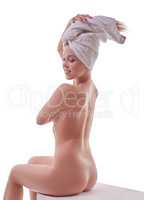 Image of smiling girl posing nude after shower