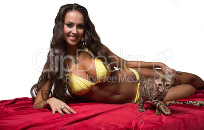 Smiling girl in lingerie posing with pedigreed cat
