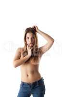 Sensual brown-eyed model posing topless in jeans