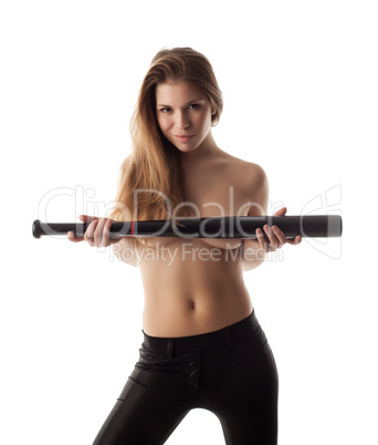 Grinning girl covers her breasts with baseball bat