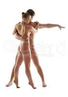 Concept of sensuality. Nude lovers dancing