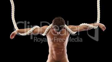Portrait of nude hanging man bowed his head