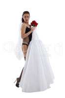 Image of angry undressed bride looking at camera