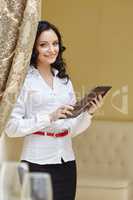 Image of smiling business woman at lunch