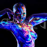 Pretty girl with luminescent body art, close-up