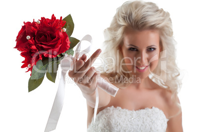 Portrait of naughty bride shows rude gesture