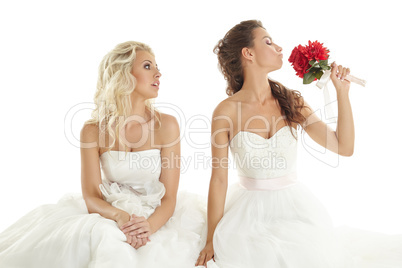 Concept of double wedding. Two sexy brides posing