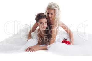 Sexy brides posing in pair, isolated on white