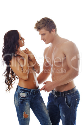 Sexy topless models advertise denim jeans