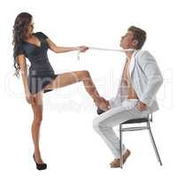 Image of beautiful stripper pulls man's tie