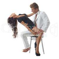 Hot long-haired girl dancing kneeling at sexy man