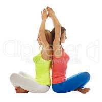 Pretty women practicing yoga in pair