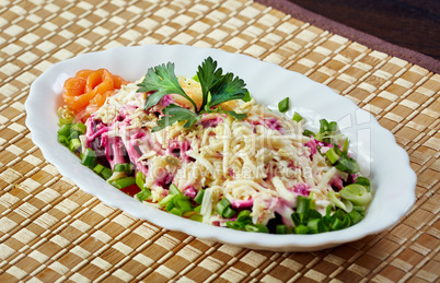 Traditional Russian salad - Dressed herring