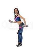 Gray-eyed brunette warms up with dumbbells