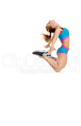Image of happy female athlete jumps high