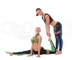 Image of smiling girl helps her friend to stretch