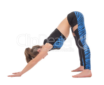 Flexible girl training, isolated on white