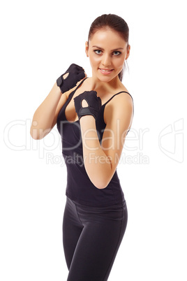 Cute blue-eyed girl posing in gloves for training
