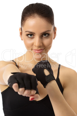 Image of pretty gray-eyed girl in training gloves