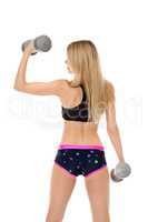 Rear view of slim blonde exercising with dumbbells