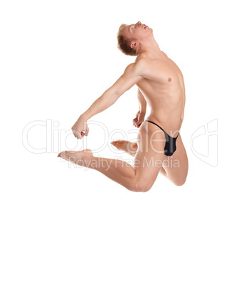 Muscular half-naked man jumping, isolated on white