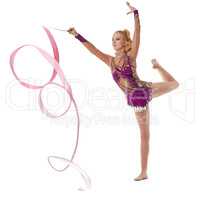 Image of artistic gymnast dancing with ribbon