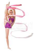 Free callisthenics. Lovely gymnast with ribbon