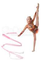 Lovely artistic gymnast performing with ribbon