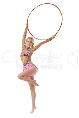 Performance of pretty artistic gymnast with hoop
