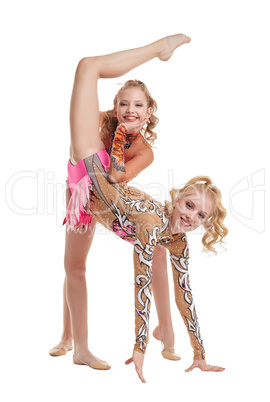 Free callisthenics. Cute gymnasts performs in pair