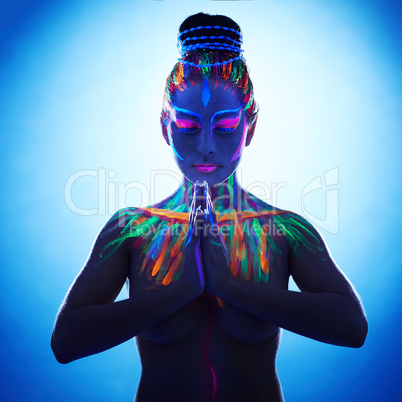 Fantasy woman with hands in Namaste prayer pose