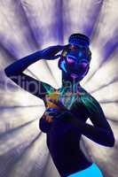Fantasy nude girl doing selfie under UV light