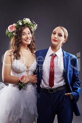 Concept of same-sex marriage. Happy newlyweds
