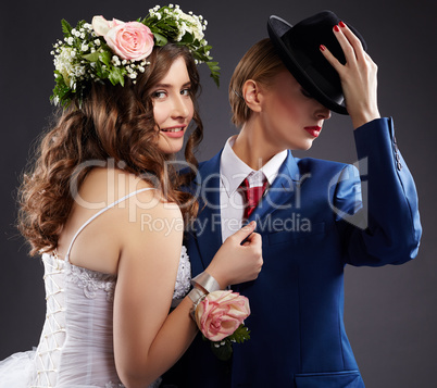 Same-sex marriage. Newlyweds in elegant clothes