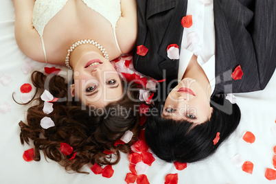 Same-sex marriage. Top view of happy couple