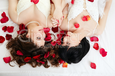 Gay marriage. Top view of smiling beautiful brides