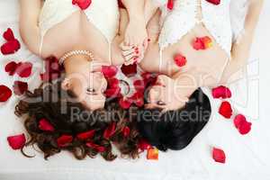 Gay marriage. Top view of smiling beautiful brides