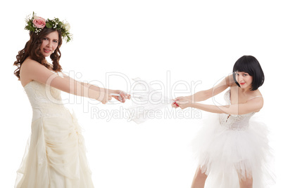 Pretty rivals in wedding dresses divide umbrella