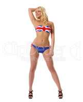 Model shows swimsuit painted in colors of UK flag