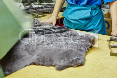 Production of footwear. Worker uses curve on pelt