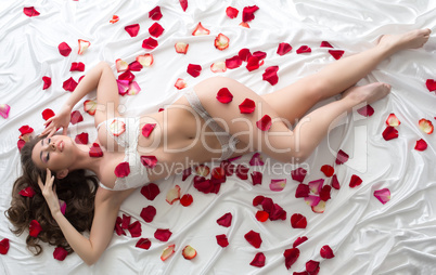 Tempting model in erotic lingerie with rose petals