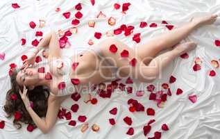 Tempting model in erotic lingerie with rose petals